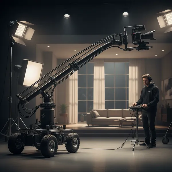 Camera on a jib arm with a gimbal, performing a smooth cinematic crane shot on a film set.