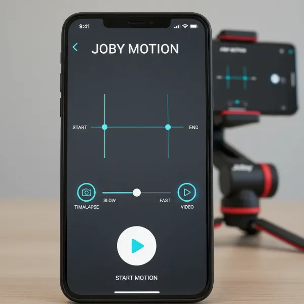 A smartphone displaying the Joby Motion app interface, showing controls for setting start/end points for the Joby Spin and Swing motion control devices.