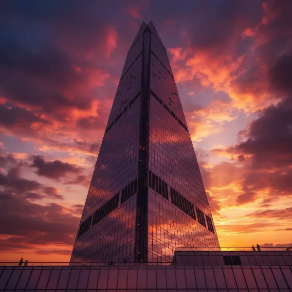A dramatic low-angle shot of a towering skyscraper piercing the clouds at sunset.