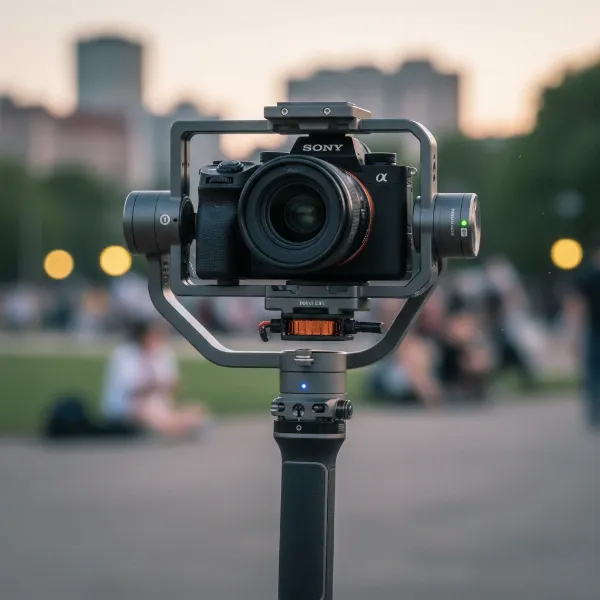 A professional mechanical gimbal stabilizing a mirrorless camera for smooth video.