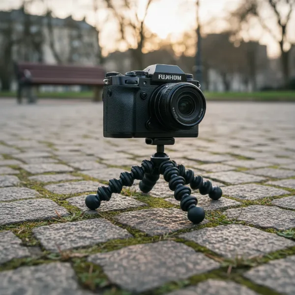A compact mini tripod holding a mirrorless camera close to the ground on a natural surface.
