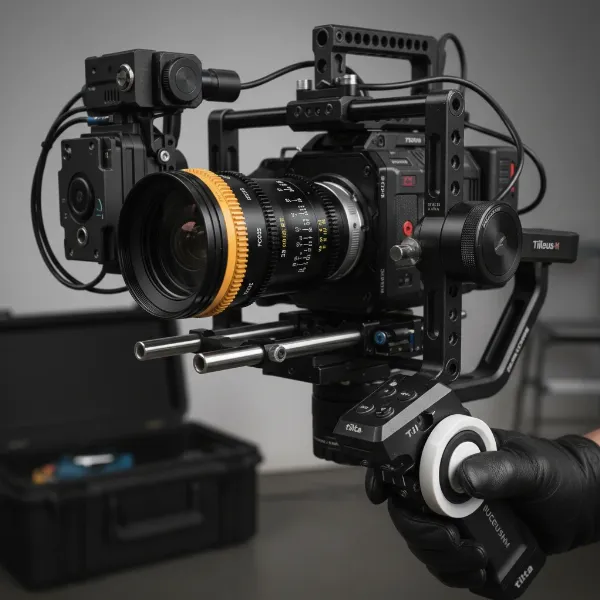 Motorized manual follow focus unit on a camera gimbal, showing the gear motor and wireless hand unit.