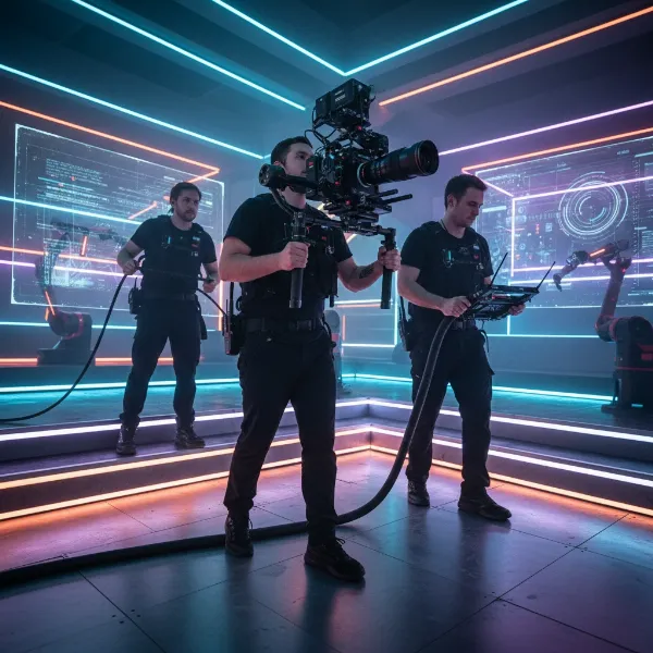 Freefly Mōvi Pro gimbal capturing smooth cinematic footage on a film set, highlighting its innovative design