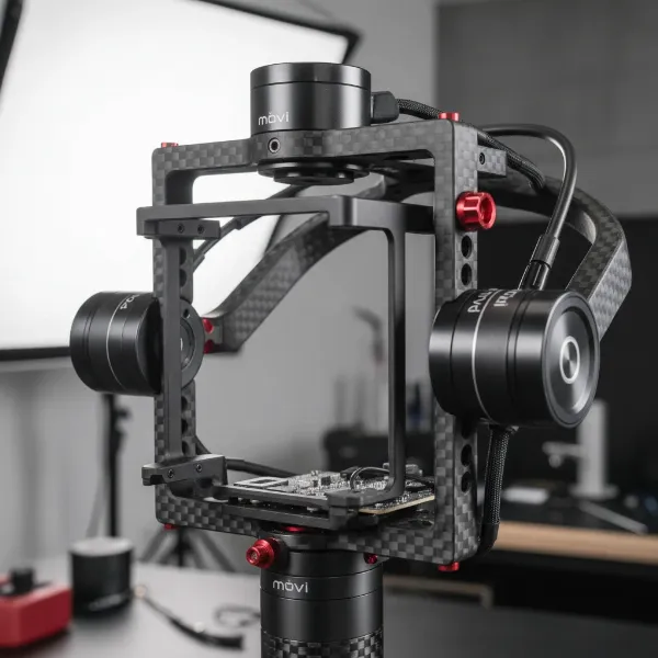 Close-up of the Freefly Mōvi Pro gimbal, emphasizing its robust build and advanced stabilization motors