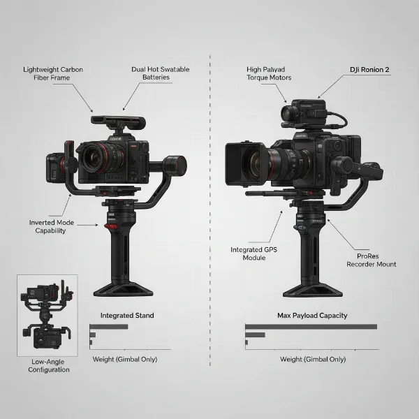 A side-by-side conceptual image comparing the Freefly Mōvi Pro and DJI Ronin 2, focusing on their distinct designs