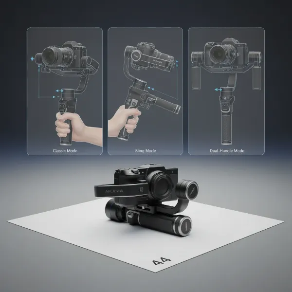 Moza AirCross 3 gimbal showcasing its foldable design and various shooting configurations for ultimate versatility.