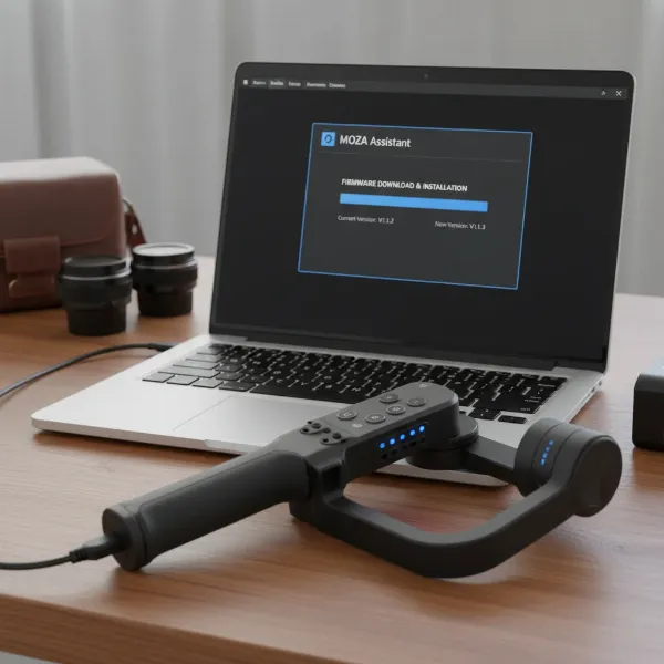Moza gimbal connected to a PC, with the MOZA Assistant software displaying the firmware update process.