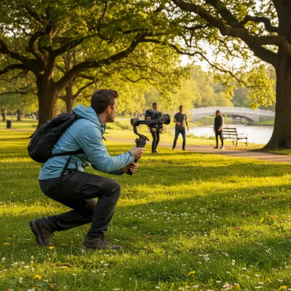 A videographer using the Moza Mini-P MAX gimbal with a mirrorless camera, shooting smooth footage outdoors in a park, dynamic action shot.