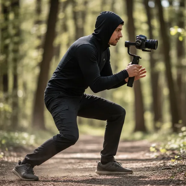 A videographer demonstrating the "ninja walk" technique while holding a gimbal for smooth action footage