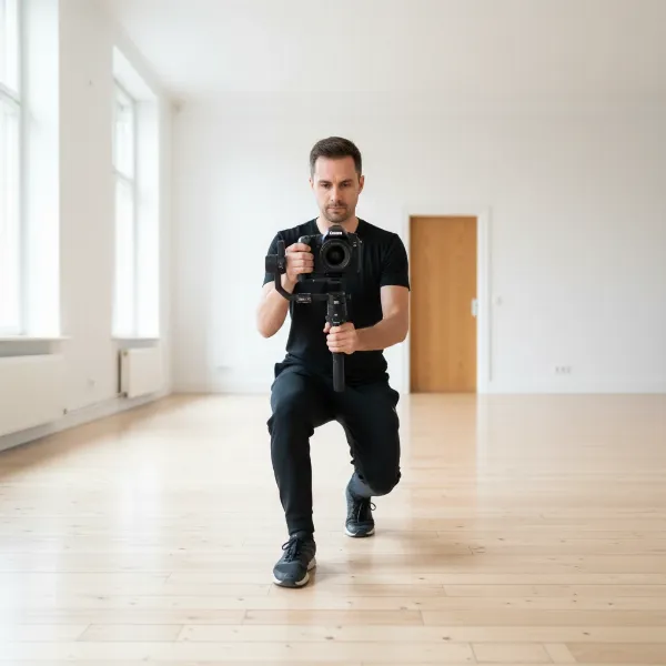 Videographer demonstrating the ninja walk technique with a camera gimbal for smooth footage.