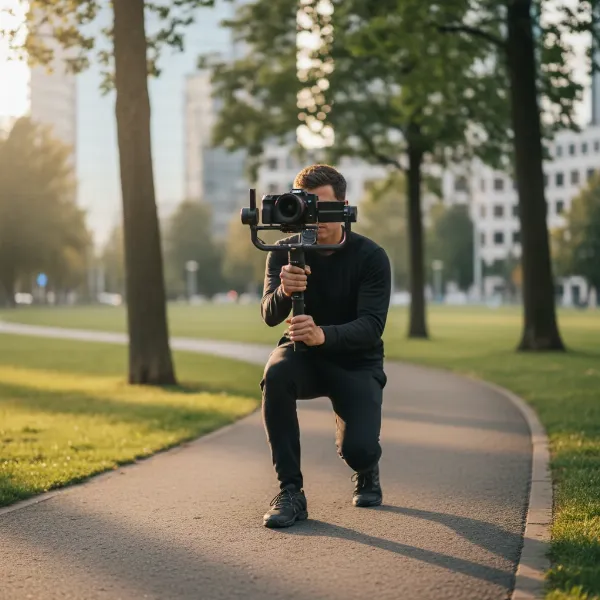 A videographer demonstrates proper "ninja walk" technique while operating a camera stabilizer for fluid video.