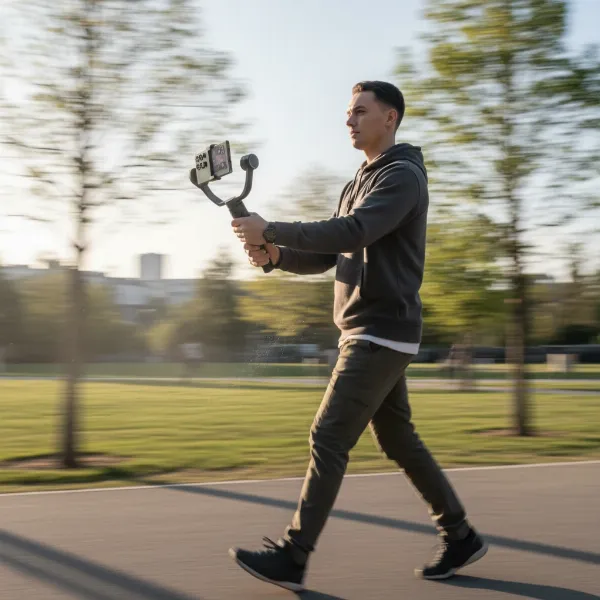 Person using a Samsung S24 Ultra on a gimbal to record smooth, professional video footage.