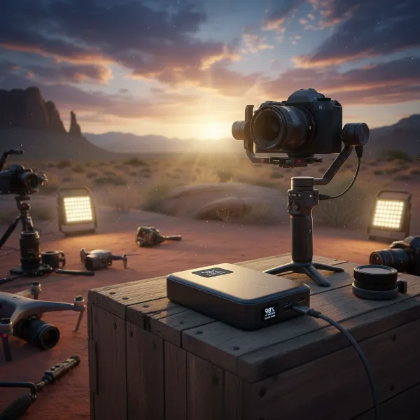 A sleek, high-capacity portable power bank charging a camera gimbal with a USB-C cable in a dynamic outdoor shooting environment.