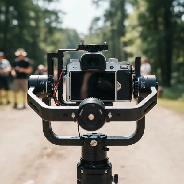 A professional 3-axis camera gimbal with a mirrorless camera attached, demonstrating its complex stabilization mechanism for cinematic shots.