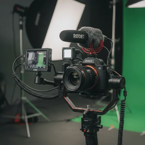 A professional camera gimbal rig setup with an external monitor, microphone, and LED light.