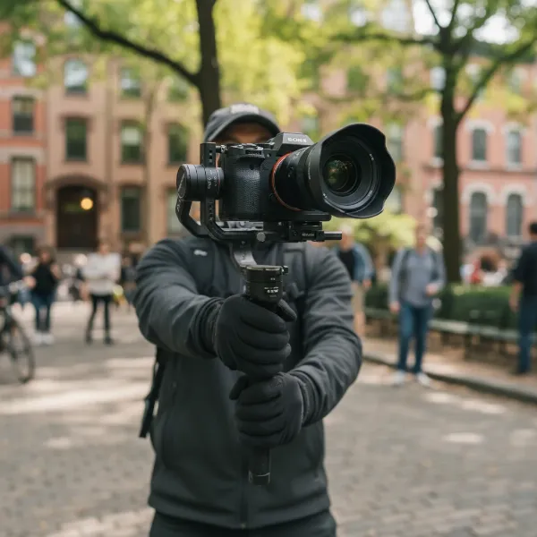 Professional camera mounted on a 3-axis motorized gimbal, ready for dynamic shooting.