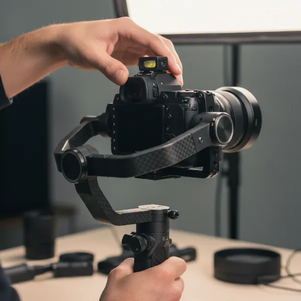 A person meticulously balancing a camera on a gimbal, showing careful adjustment of all axes.