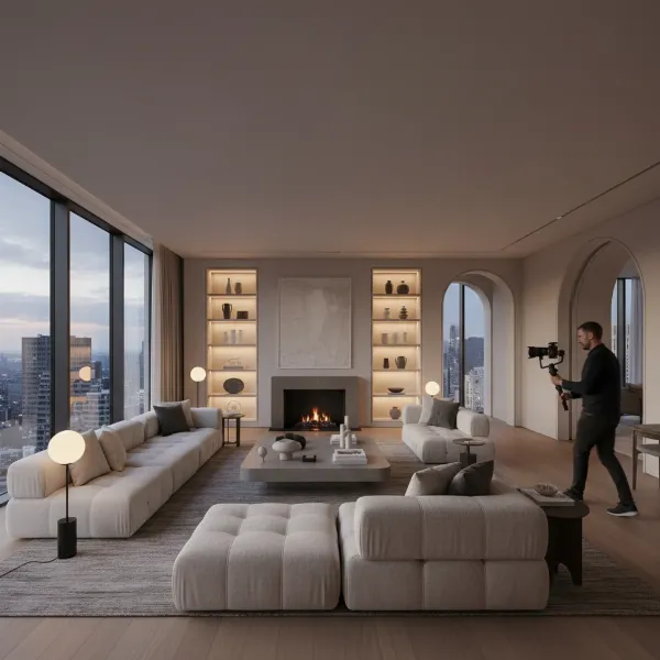 An interior shot of a luxury home being filmed with a gimbal, showcasing smooth camera movement through an open living space.
