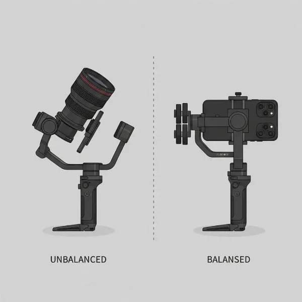 A smartphone on a gimbal, one side heavy, next to a balanced setup with counterweights.