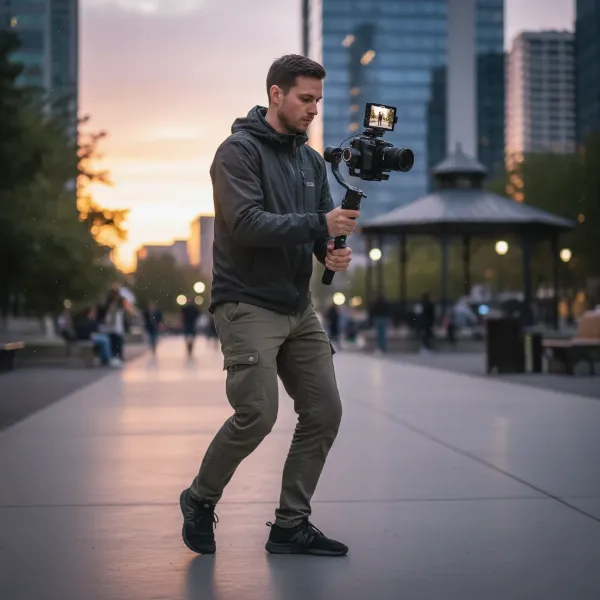 A videographer performing a smooth, fluid camera movement with a gimbal, demonstrating proper technique.