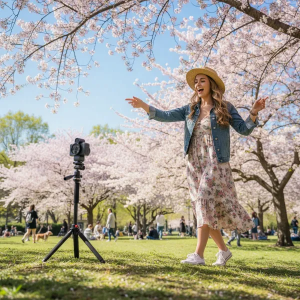 A solo vlogger recording herself with an object tracking camera on a tripod in a park, showing freedom of movement.