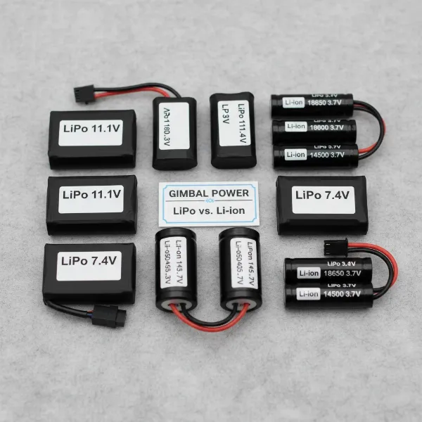 Various types of camera gimbal batteries, highlighting LiPo and Li-ion, arranged for comparison.