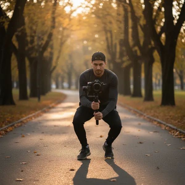 A videographer performing the "Ninja Walk" technique for smooth gimbal footage.