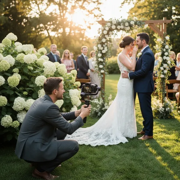 A wedding videographer discreetly using a gimbal to capture a bride and groom during their outdoor wedding ceremony, ensuring smooth, emotional footage.