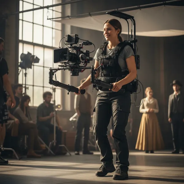 A Zhiyun Crane 3S gimbal mounted on a vest support system (like a Ready Rig) with a professional cinema camera, demonstrating enhanced ergonomics for extended shooting sessions.