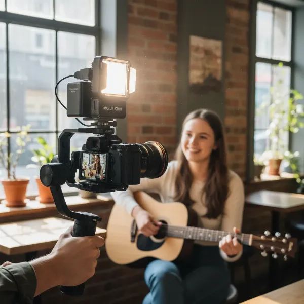 Zhiyun Molus X100 mounted on a gimbal setup with a mirrorless camera for portable videography